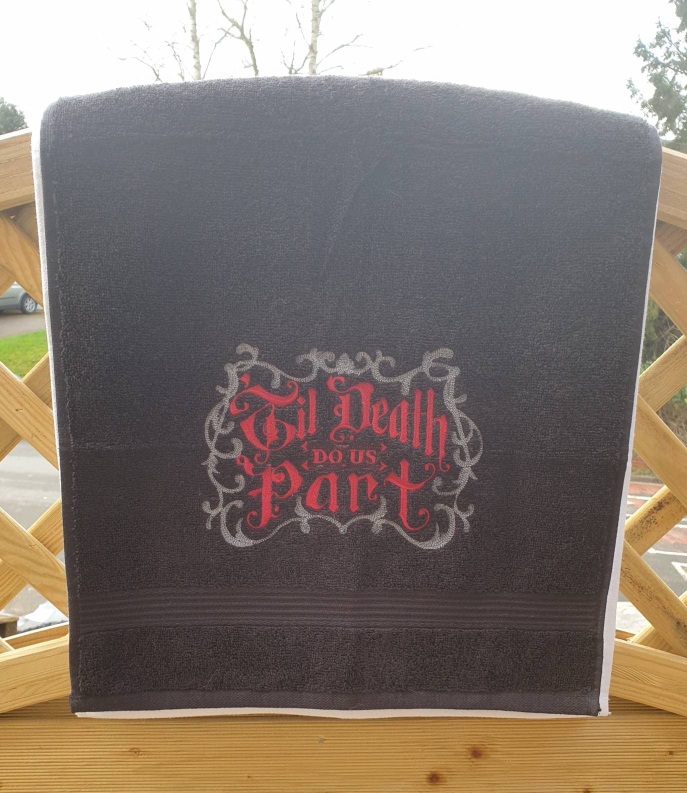 Embroidered Wedding Towel - Till Death Do Us Part | Gothic Wedding Gift UK