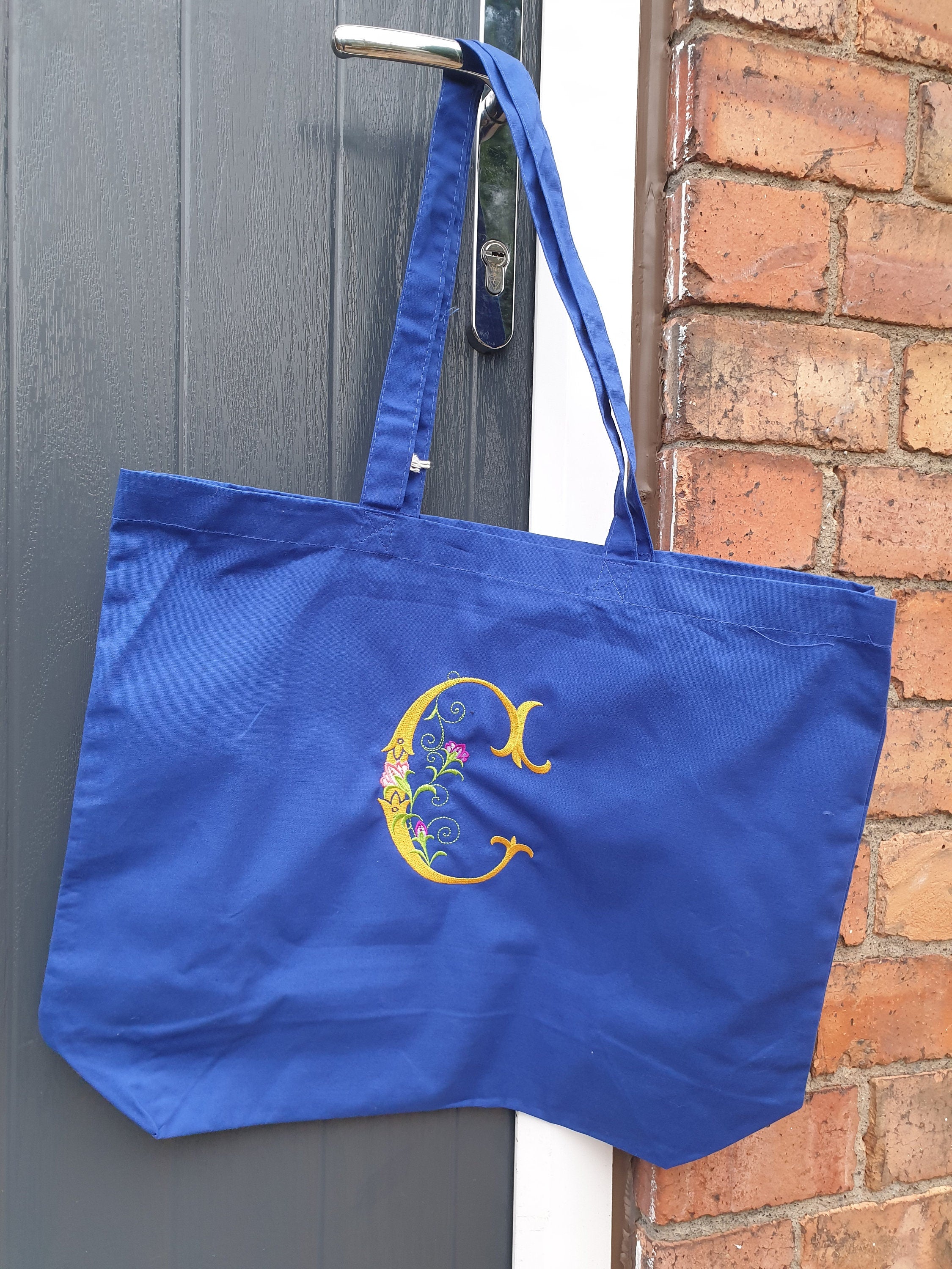 Embroidered Initial Organic Cotton Tote Bag: Personalized Floral Design