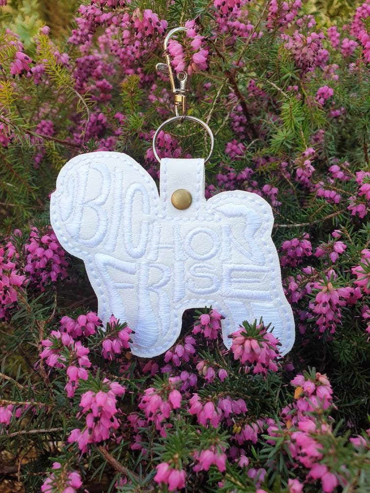 Embroidered Bichon Frise Keyring: Vinyl Dog Key Fob