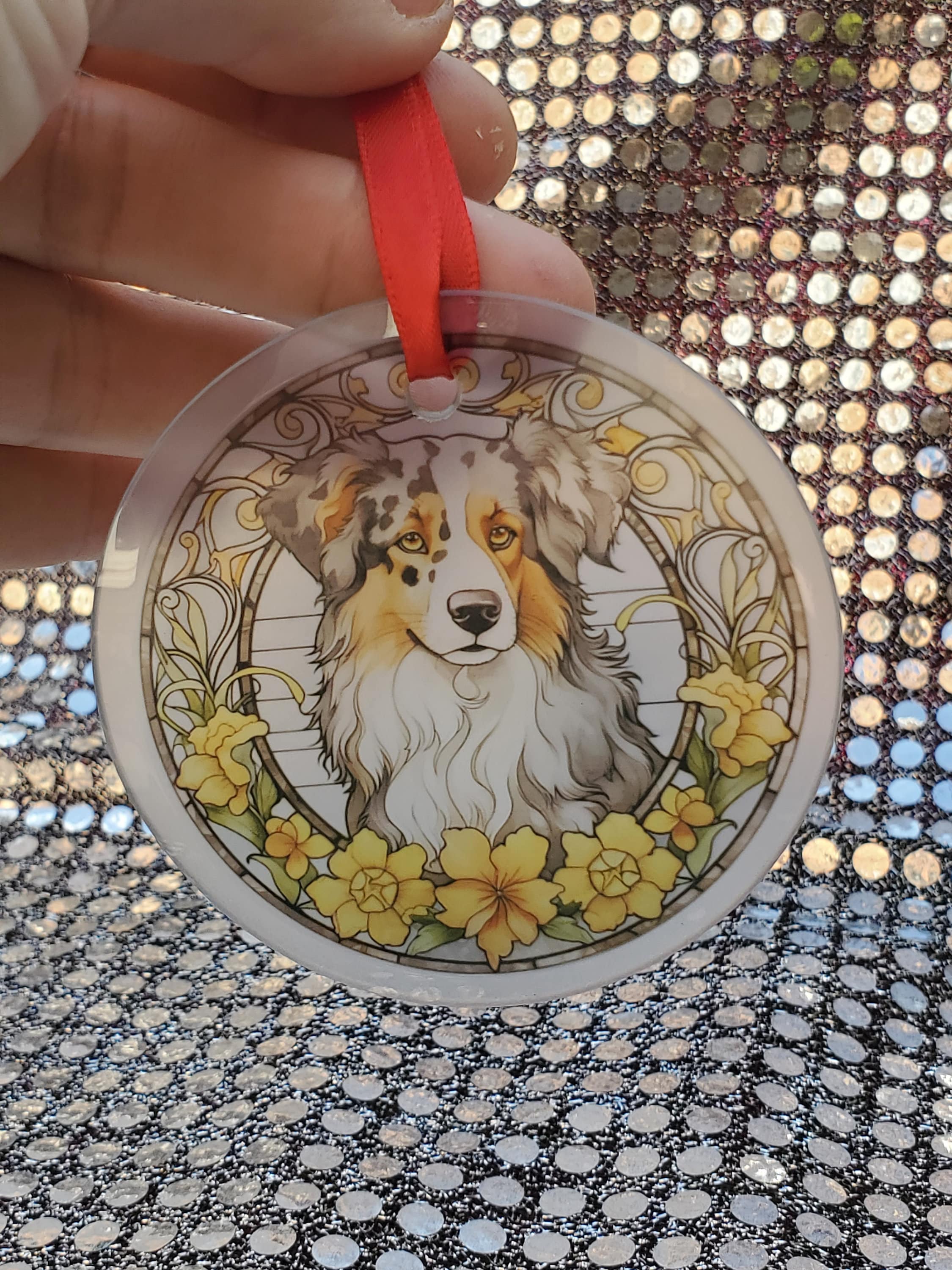 Australian Shepherd Christmas Ornament: Stained Glass Style Suncatcher