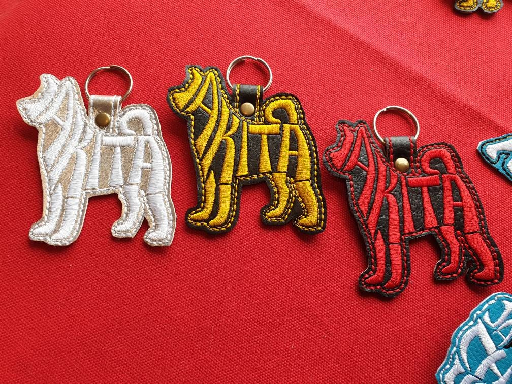 Embroidered Akita Keyring: Faux Leather Dog Key Fob