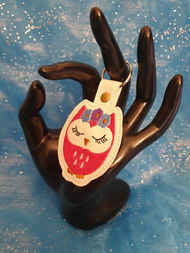 Embroidered Owl Keyring: Vinyl Key Fob, Bag Charm