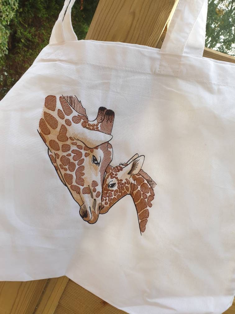 Embroidered Giraffe Organic Cotton Tote Bag - Mother and Baby Design