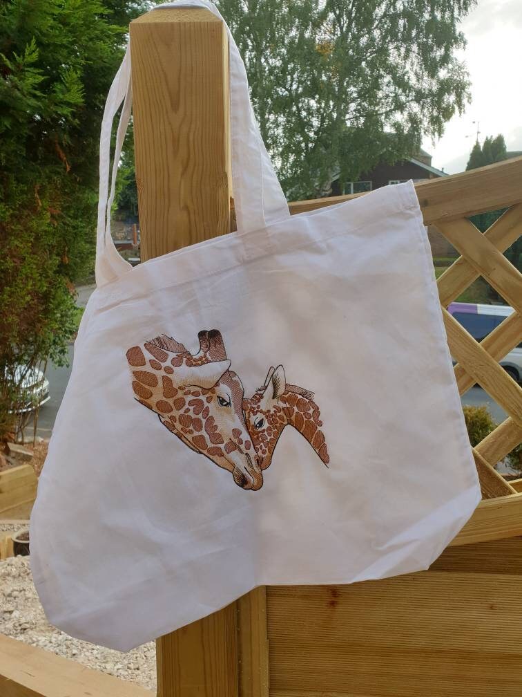 Embroidered Giraffe Organic Cotton Tote Bag - Mother and Baby Design