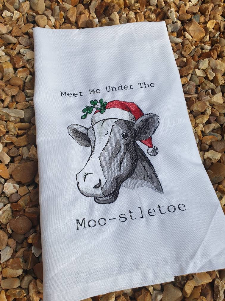 Embroidered Christmas Cow Tea Towel: Funny Holiday Dish Cloth