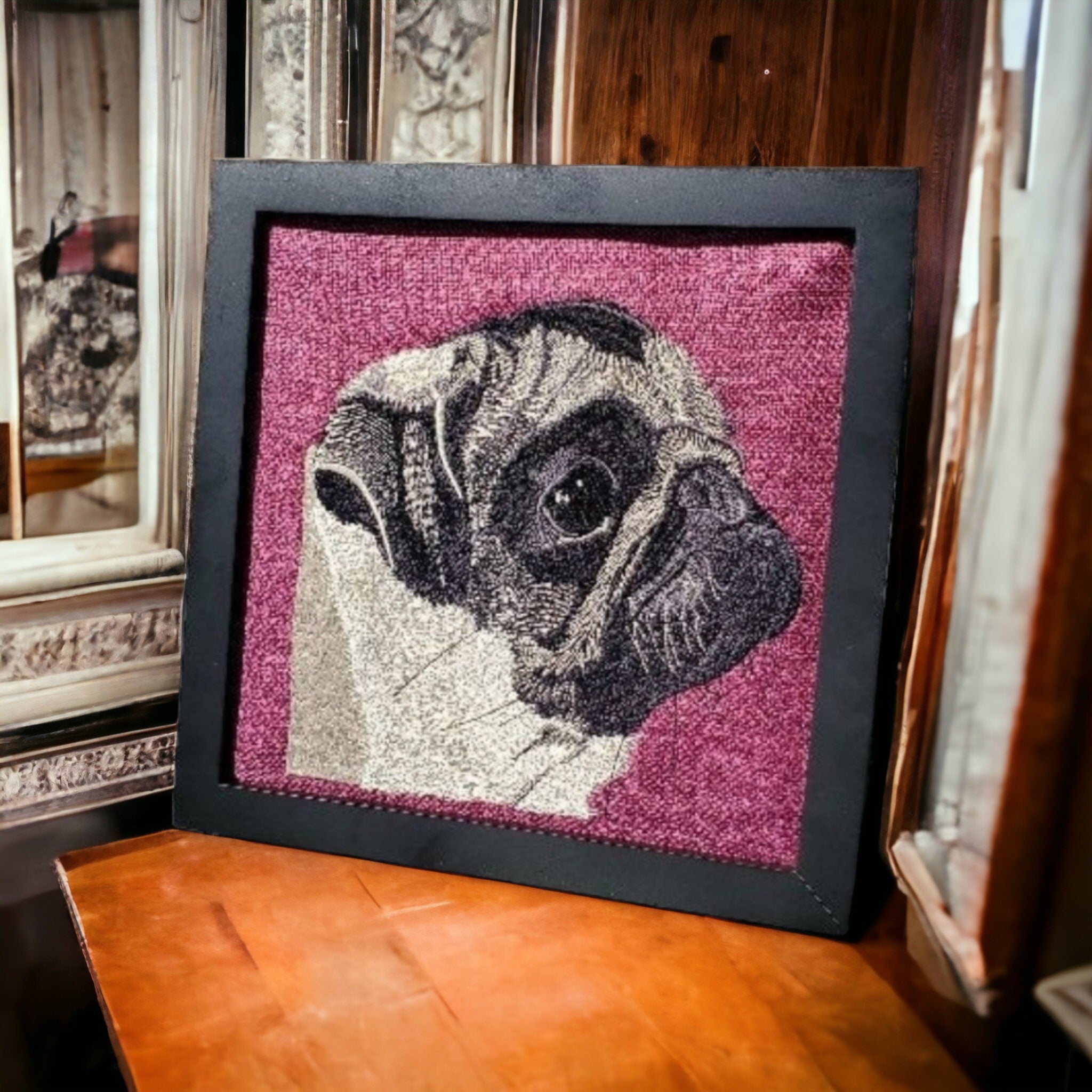 Custom Embroidered Pet Portrait: Framed Cotton Keepsake (8x8 inches)