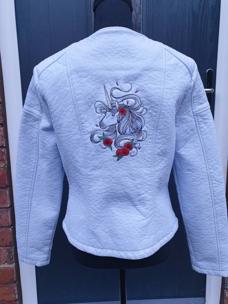 Upcycled Embroidered Unicorn Faux Leather Biker Jacket (UK Size 12/14)