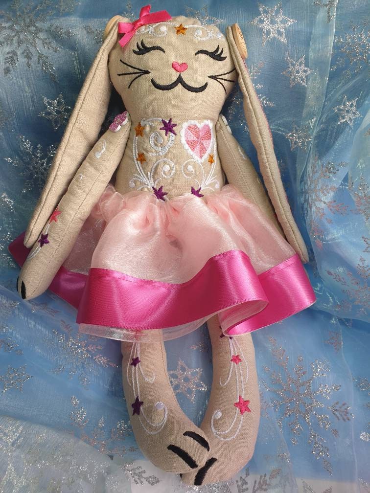 Personalized Embroidered Linen Bunny Doll: Handmade Keepsake (15 inch)