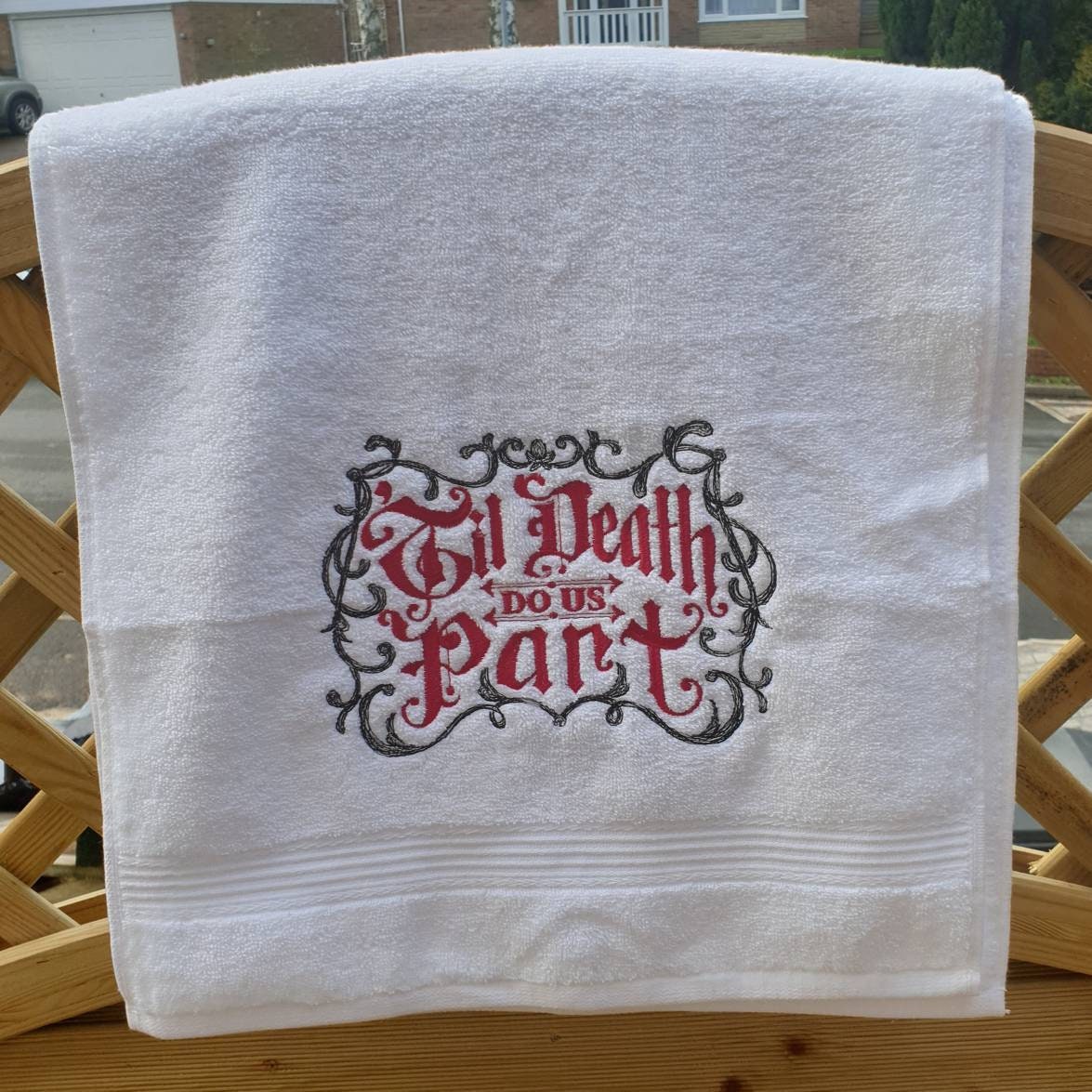 Embroidered Wedding Towel - Till Death Do Us Part | Gothic Wedding Gift UK