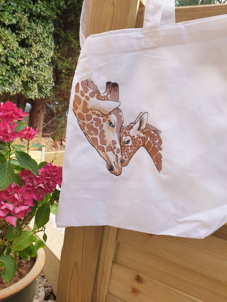 Embroidered Giraffe Organic Cotton Tote Bag - Mother and Baby Design