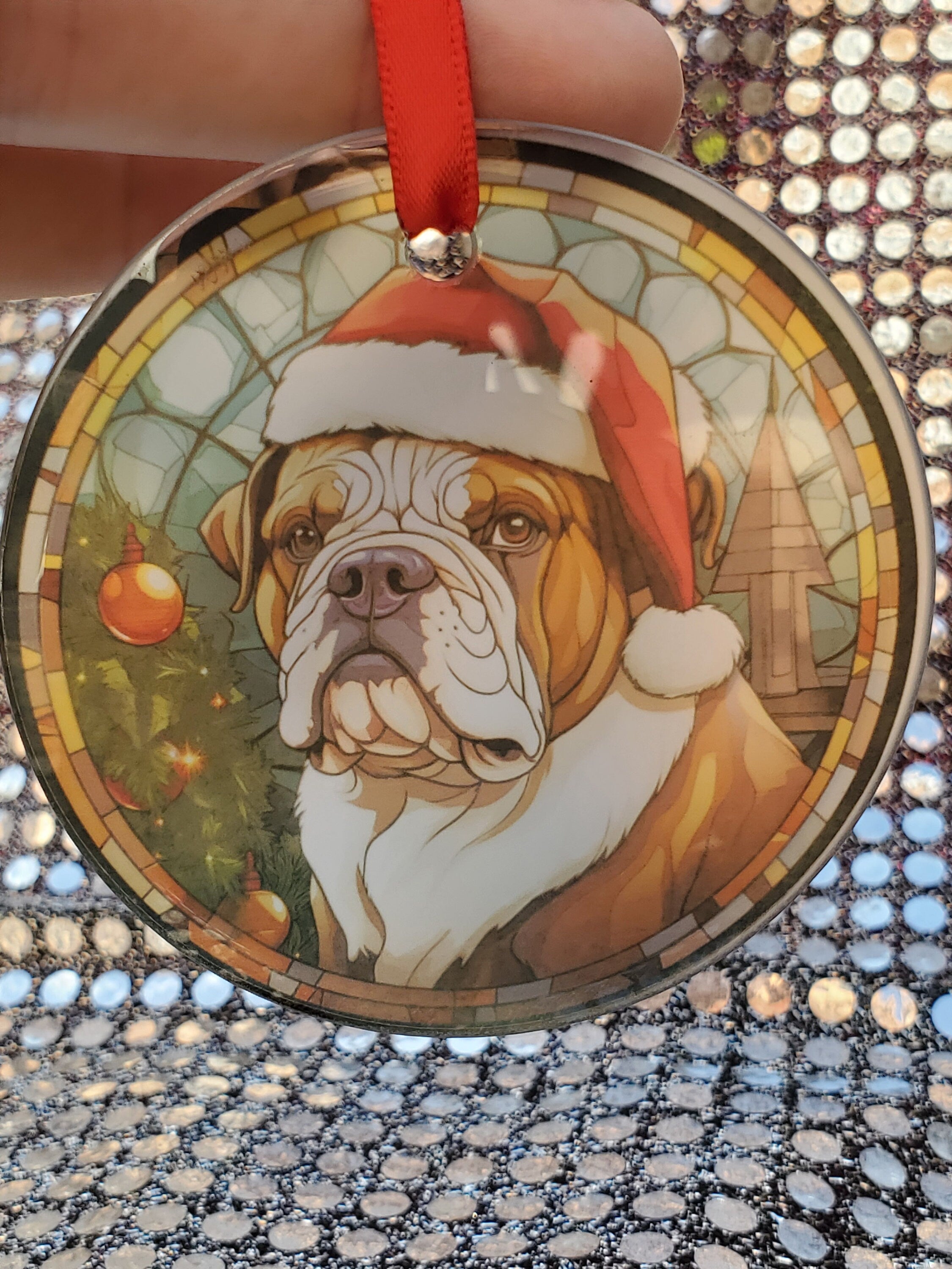 Bulldog Christmas Ornament: Printed Stained Glass Suncatcher