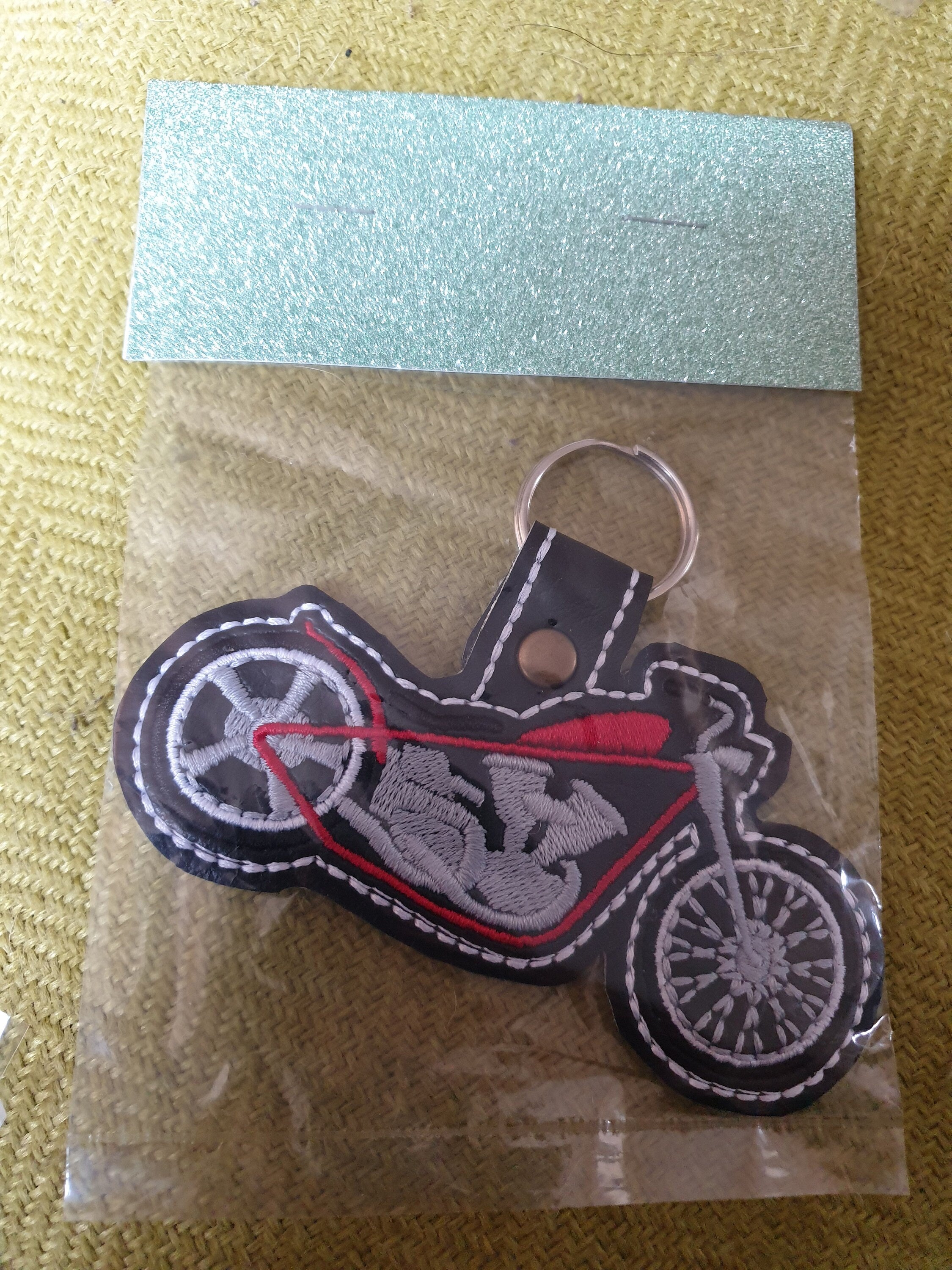 Embroidered Motorbike Key Fob: Vinyl Biker Keychain