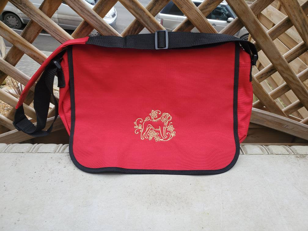 Embroidered Shar Pei Messenger Bag: 100% Cotton Canvas Shoulder Bag