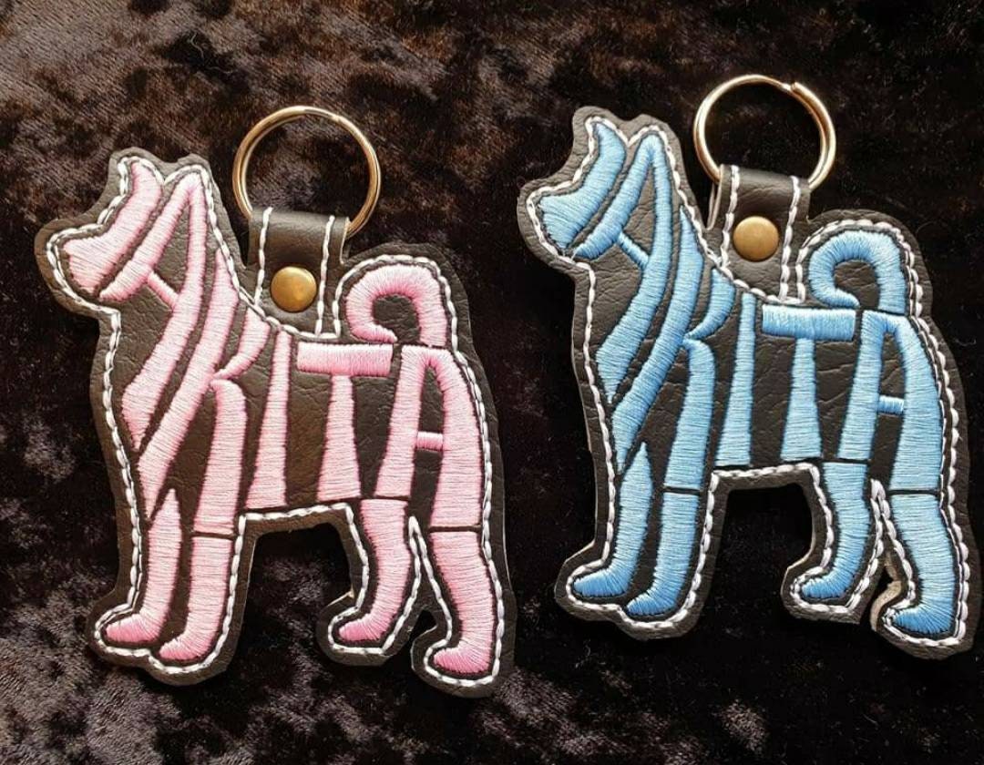 Embroidered Akita Keyring: Faux Leather Dog Key Fob
