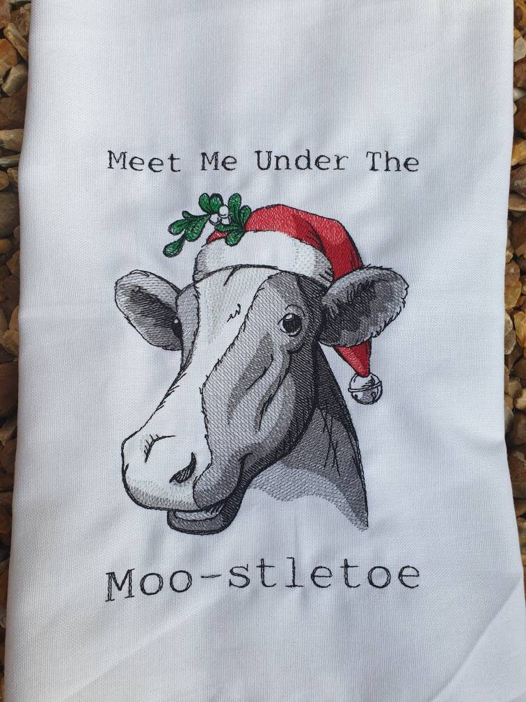 Embroidered Christmas Cow Tea Towel: Funny Holiday Dish Cloth