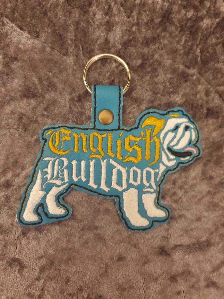Embroidered English Bulldog Keyring: Vinyl Key Fob, Dog Lover Gift