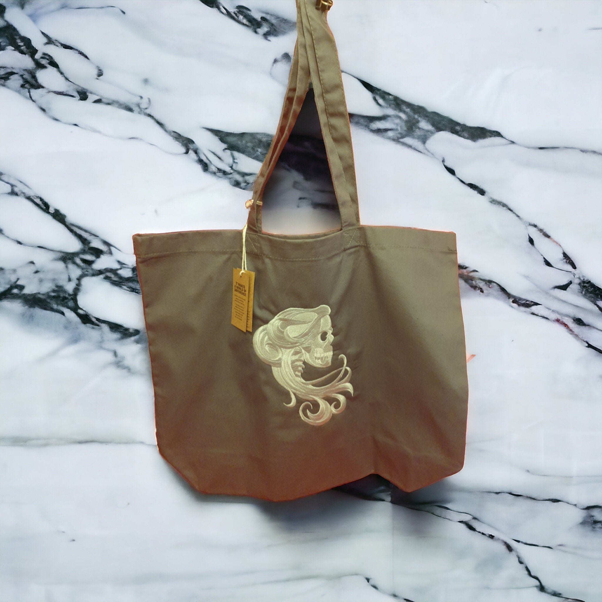 Organic Cotton Tote Bag: Embroidered Gothic Skull Design