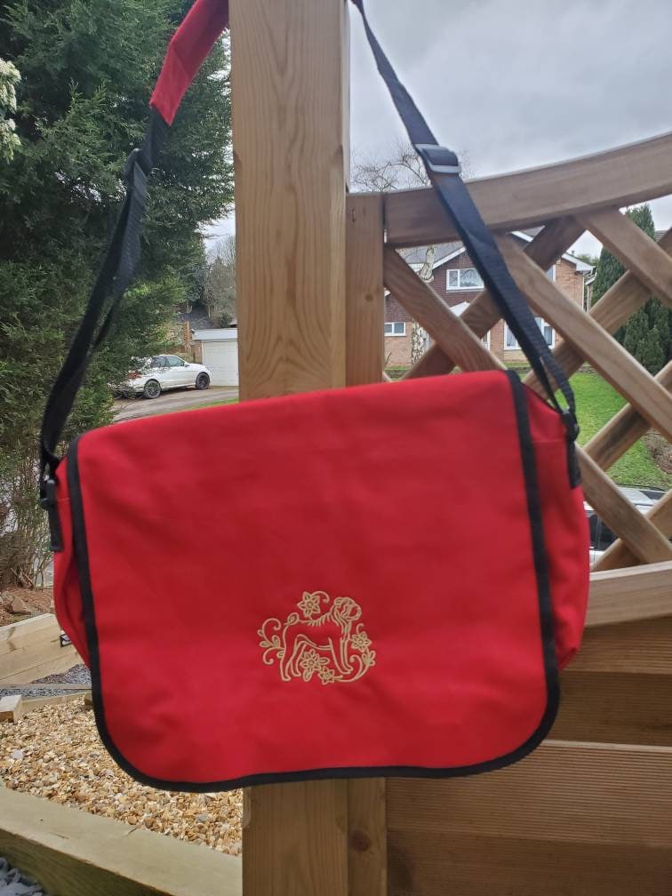Embroidered Shar Pei Messenger Bag: 100% Cotton Canvas Shoulder Bag