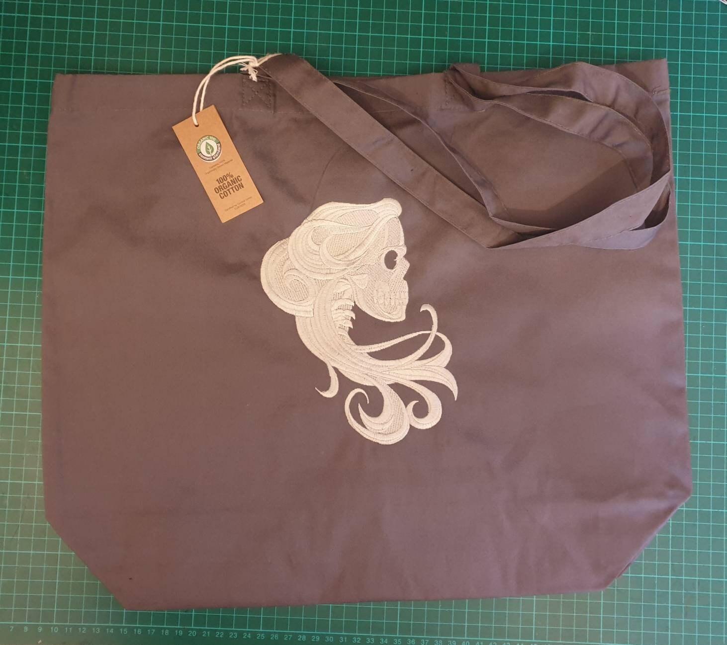 Organic Cotton Tote Bag: Embroidered Gothic Skull Design