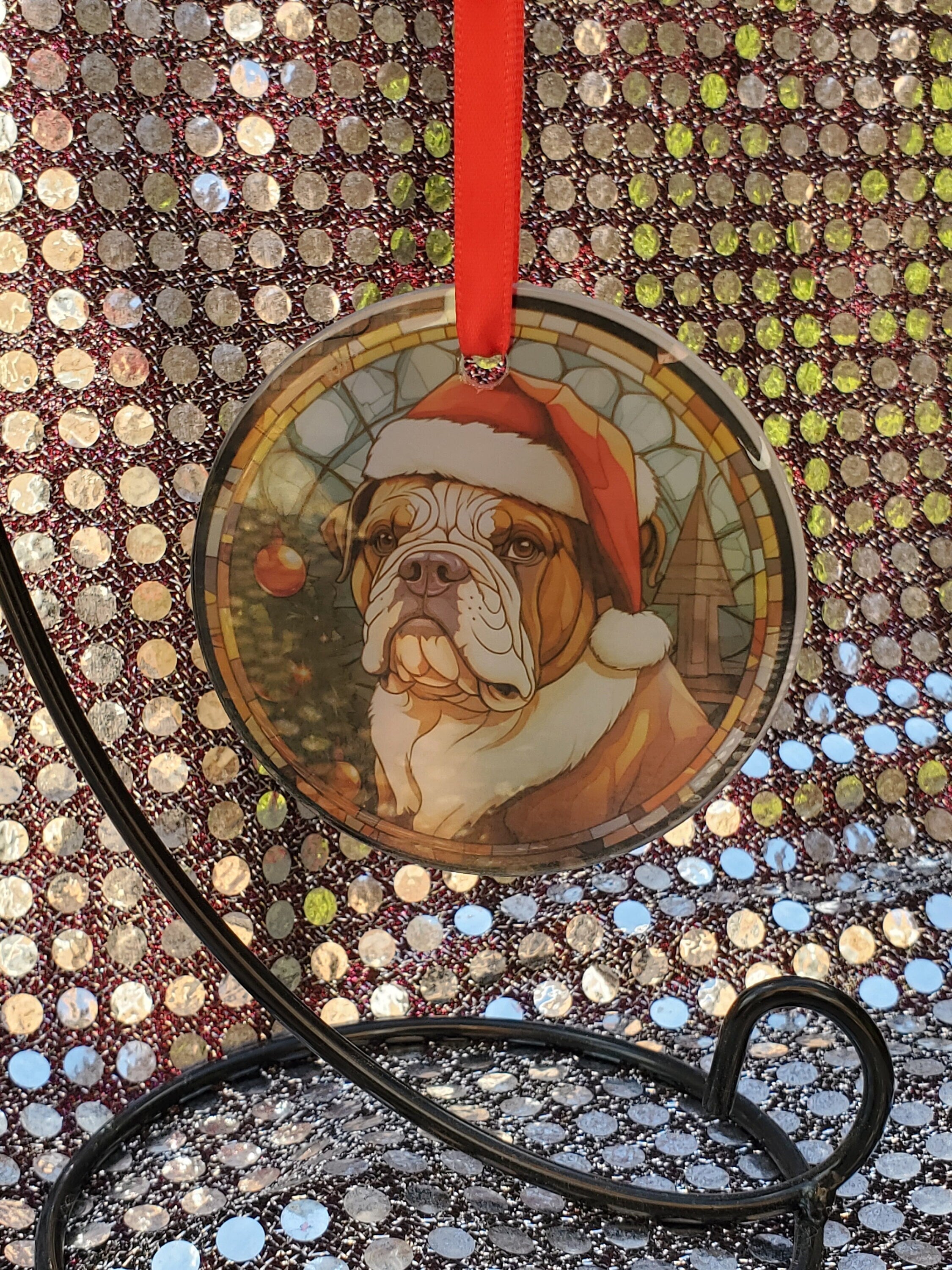 Bulldog Christmas Ornament: Printed Stained Glass Suncatcher