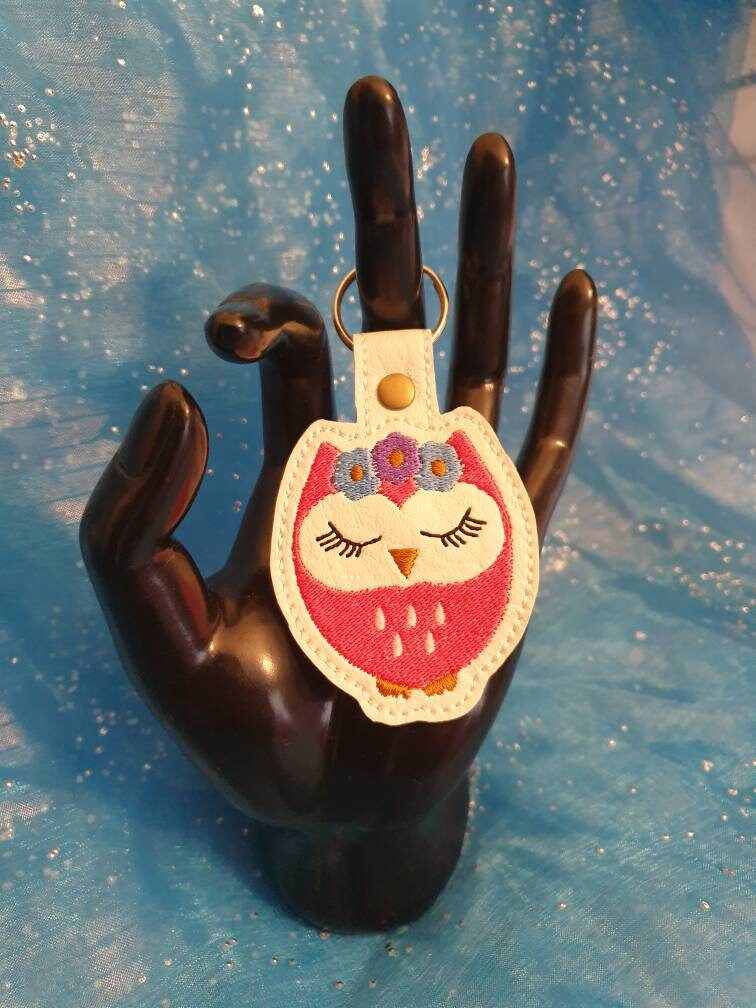 Embroidered Owl Keyring: Vinyl Key Fob, Bag Charm