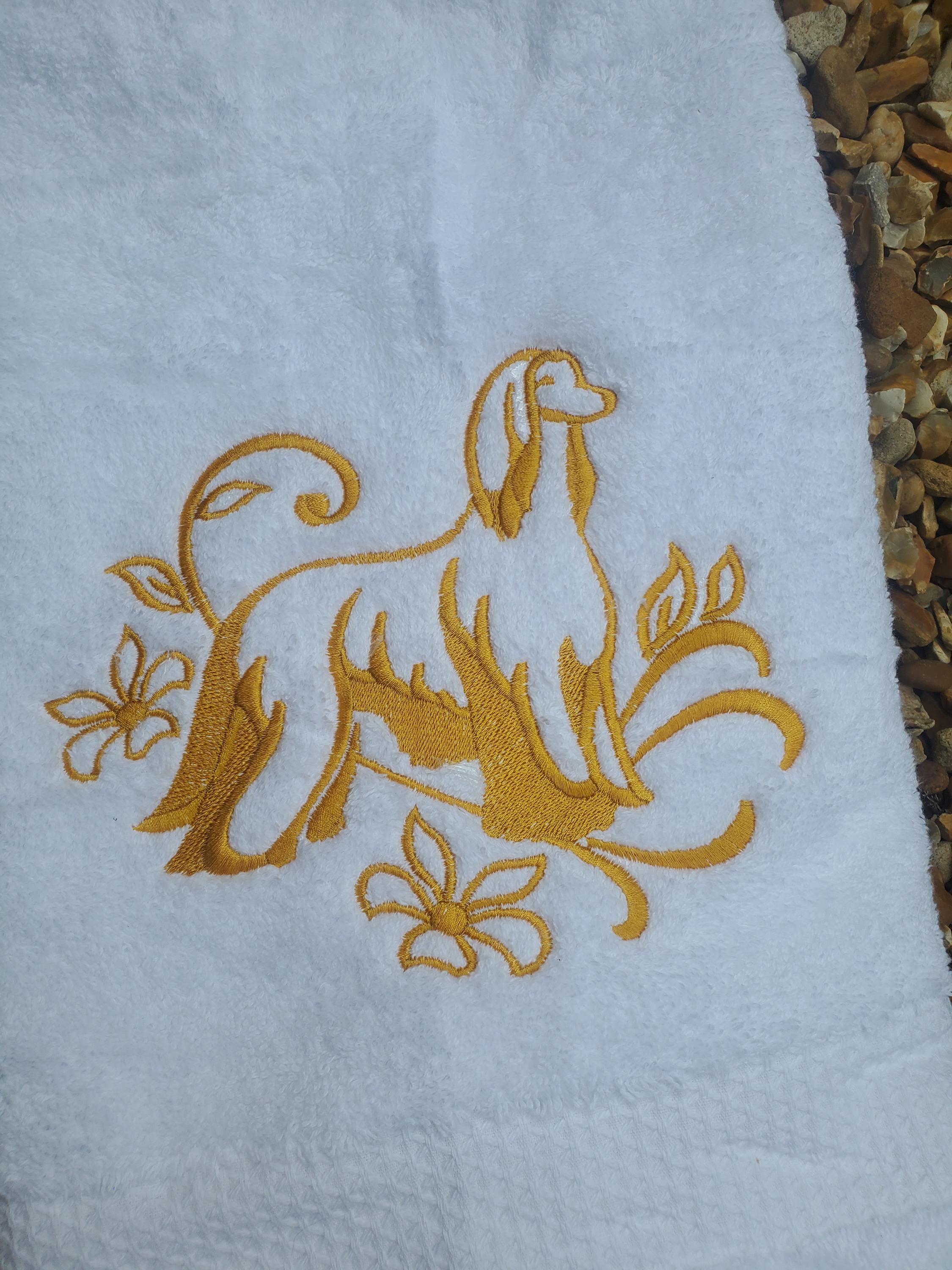 Embroidered Afghan Dog Hand Towel: Gold Accent Gift