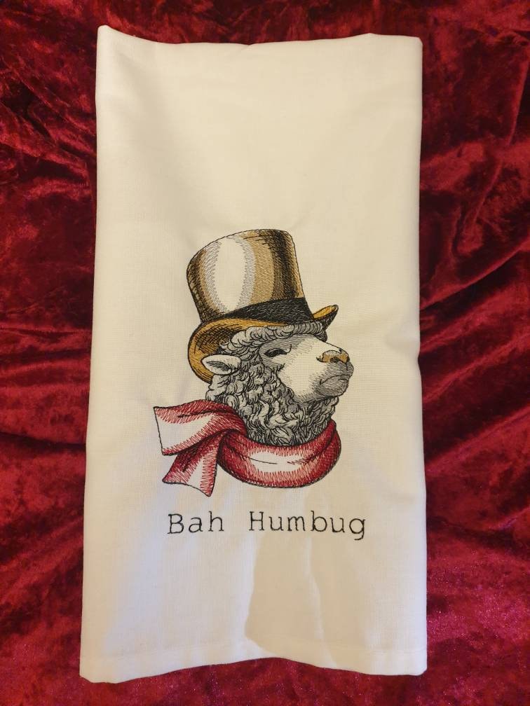 Embroidered Sheep Tea Towel: Funny Christmas Dish Cloth