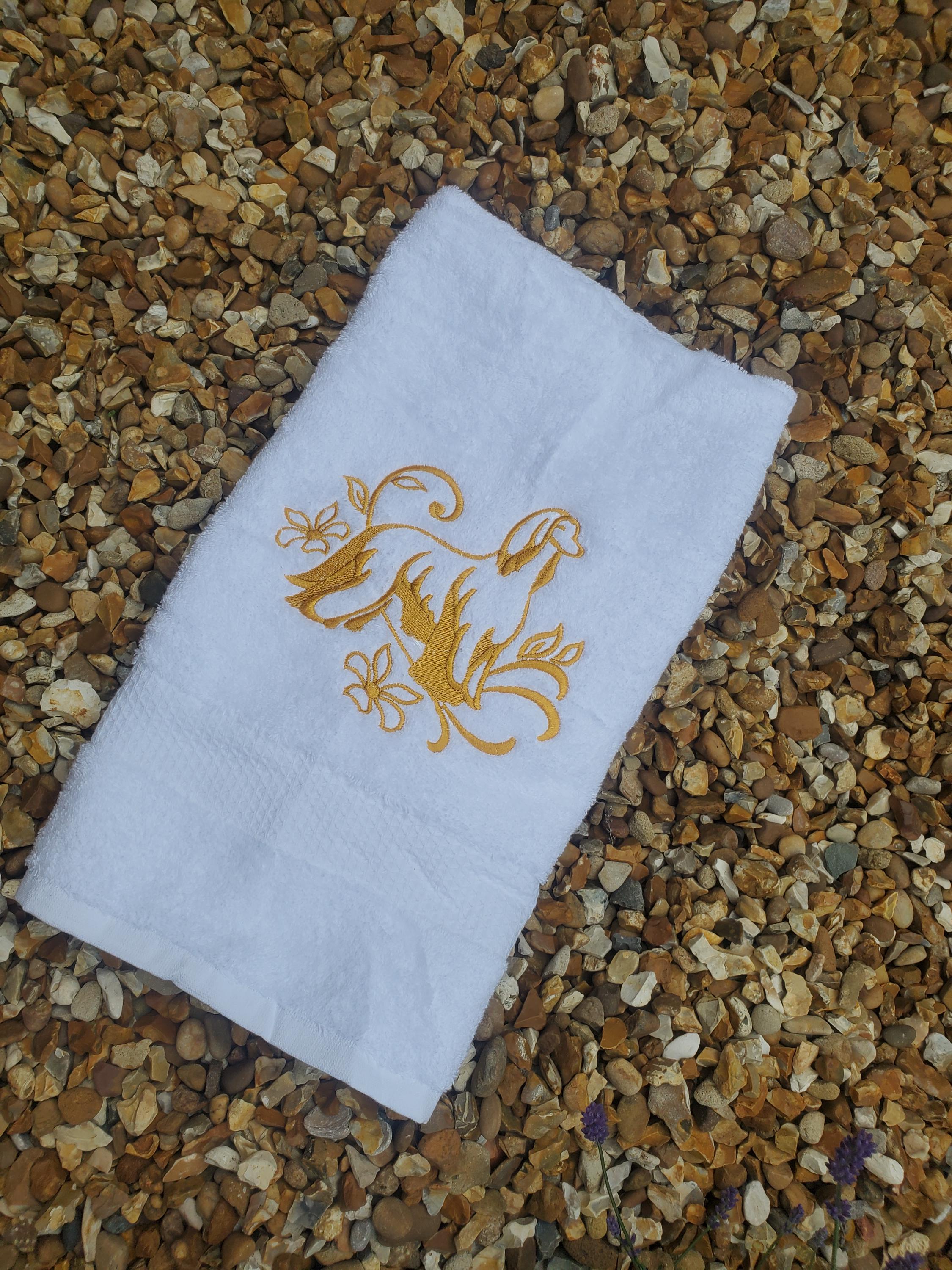 Embroidered Afghan Dog Hand Towel: Gold Accent Gift