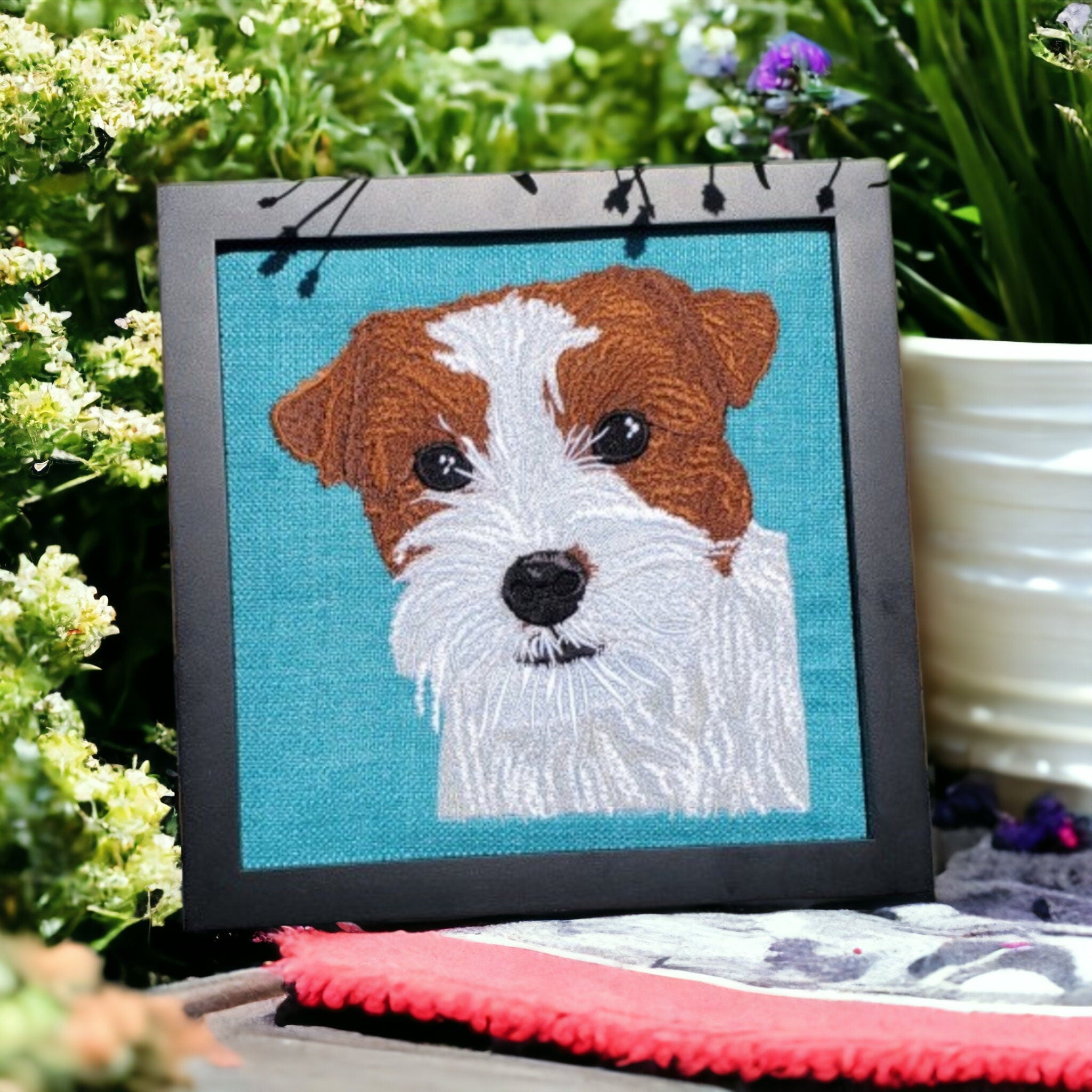 Custom Embroidered Pet Portrait: Framed Cotton Keepsake (8x8 inches)
