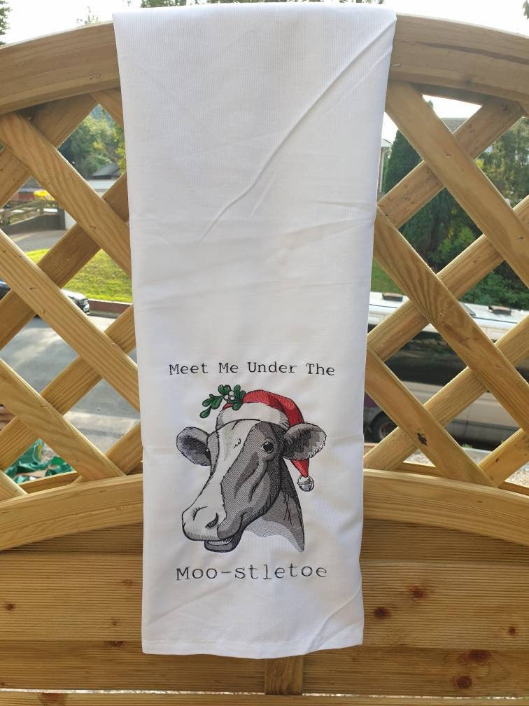 Embroidered Christmas Cow Tea Towel: Funny Holiday Dish Cloth
