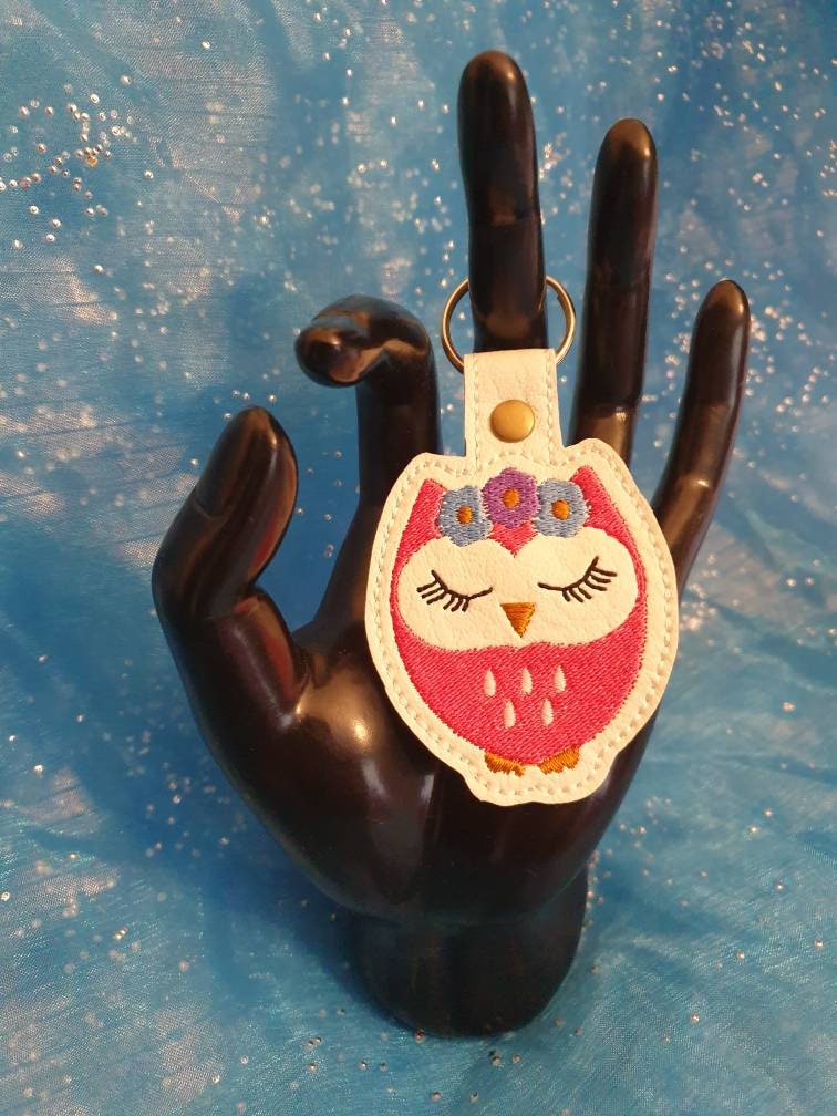 Embroidered Owl Keyring: Vinyl Key Fob, Bag Charm