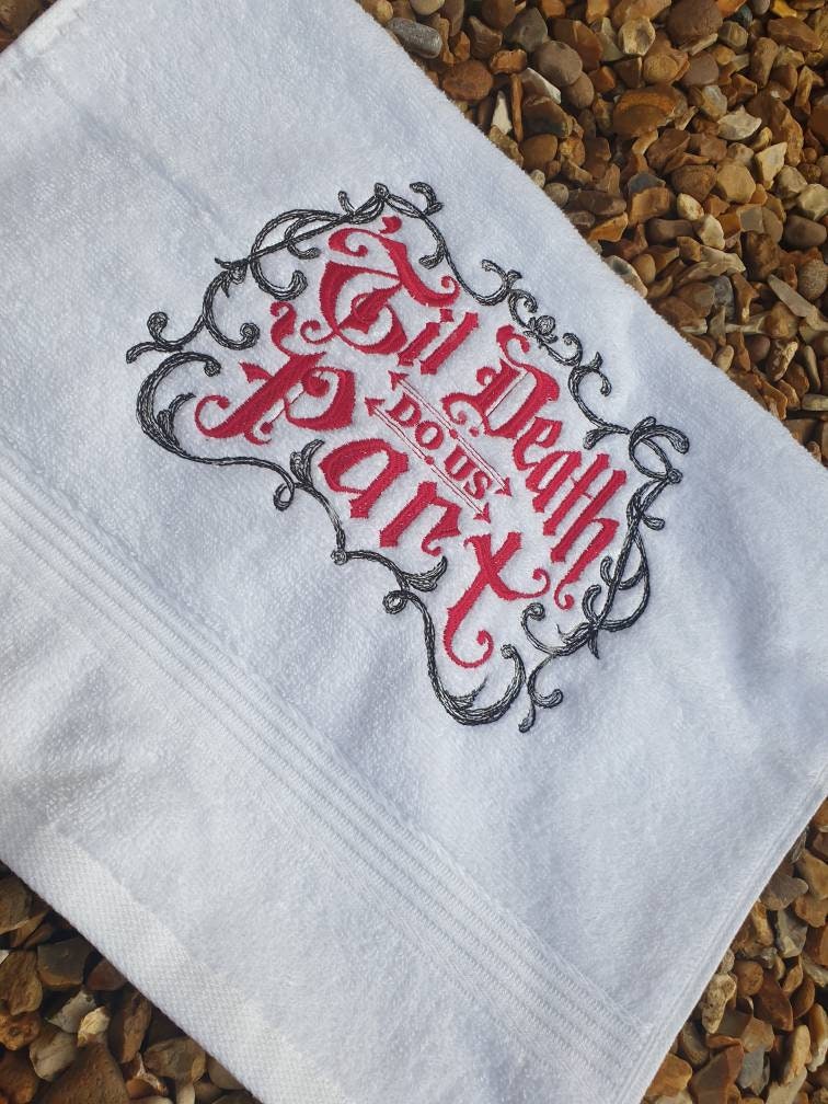 Embroidered Wedding Towel - Till Death Do Us Part | Gothic Wedding Gift UK