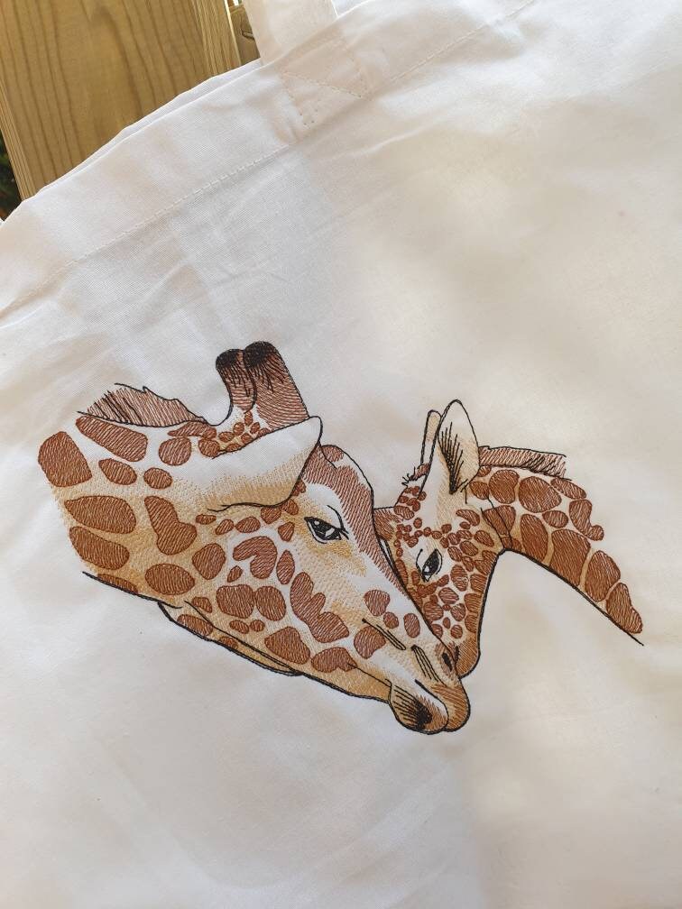 Embroidered Giraffe Organic Cotton Tote Bag - Mother and Baby Design