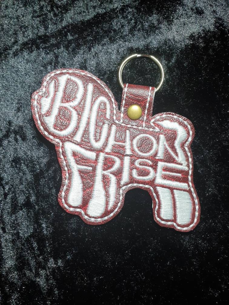 Embroidered Bichon Frise Keyring: Vinyl Dog Key Fob