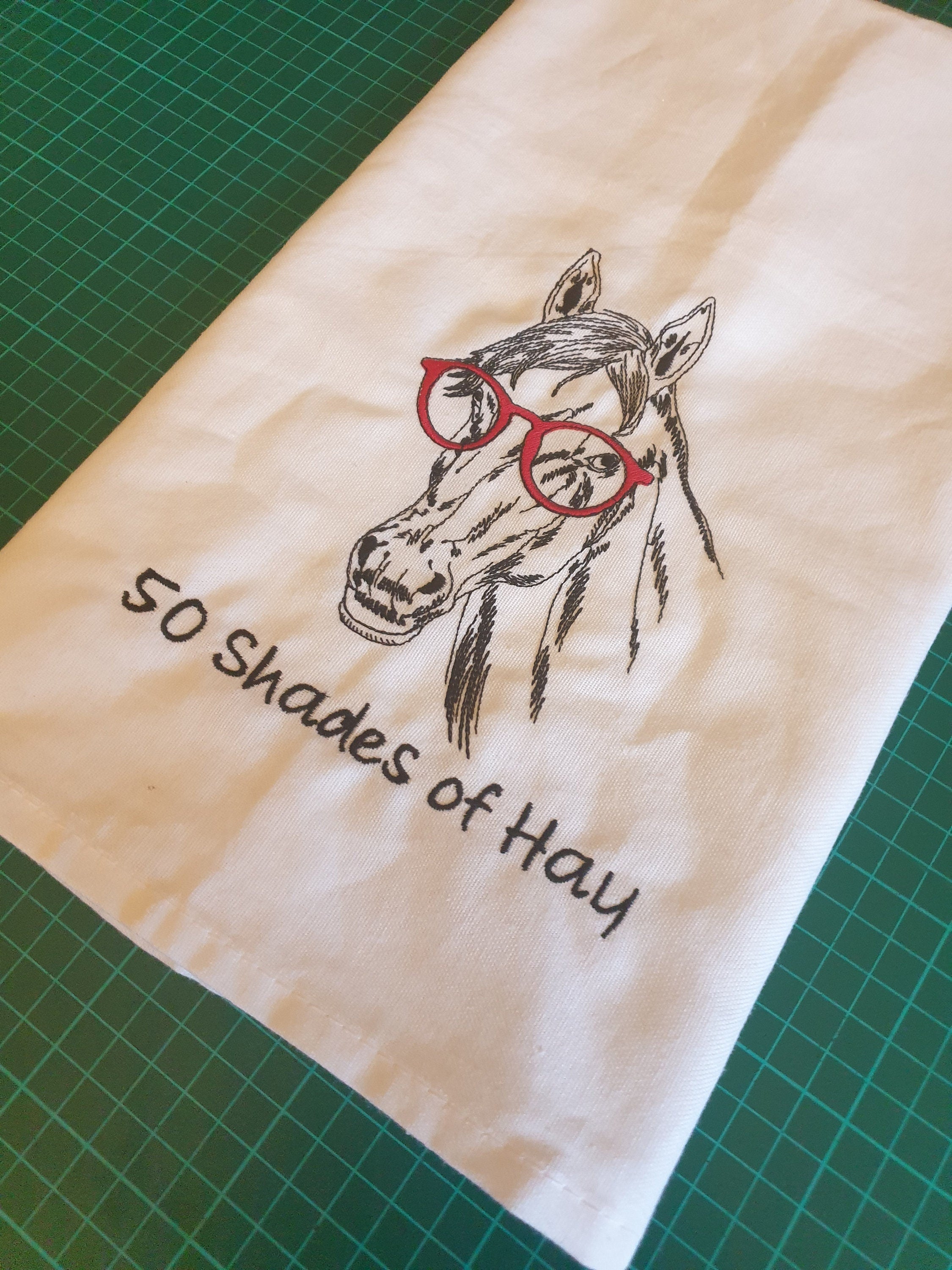 Embroidered Horse Tea Towel - Funny '50 Shades of Hay' Kitchen Gift | Handmade UK
