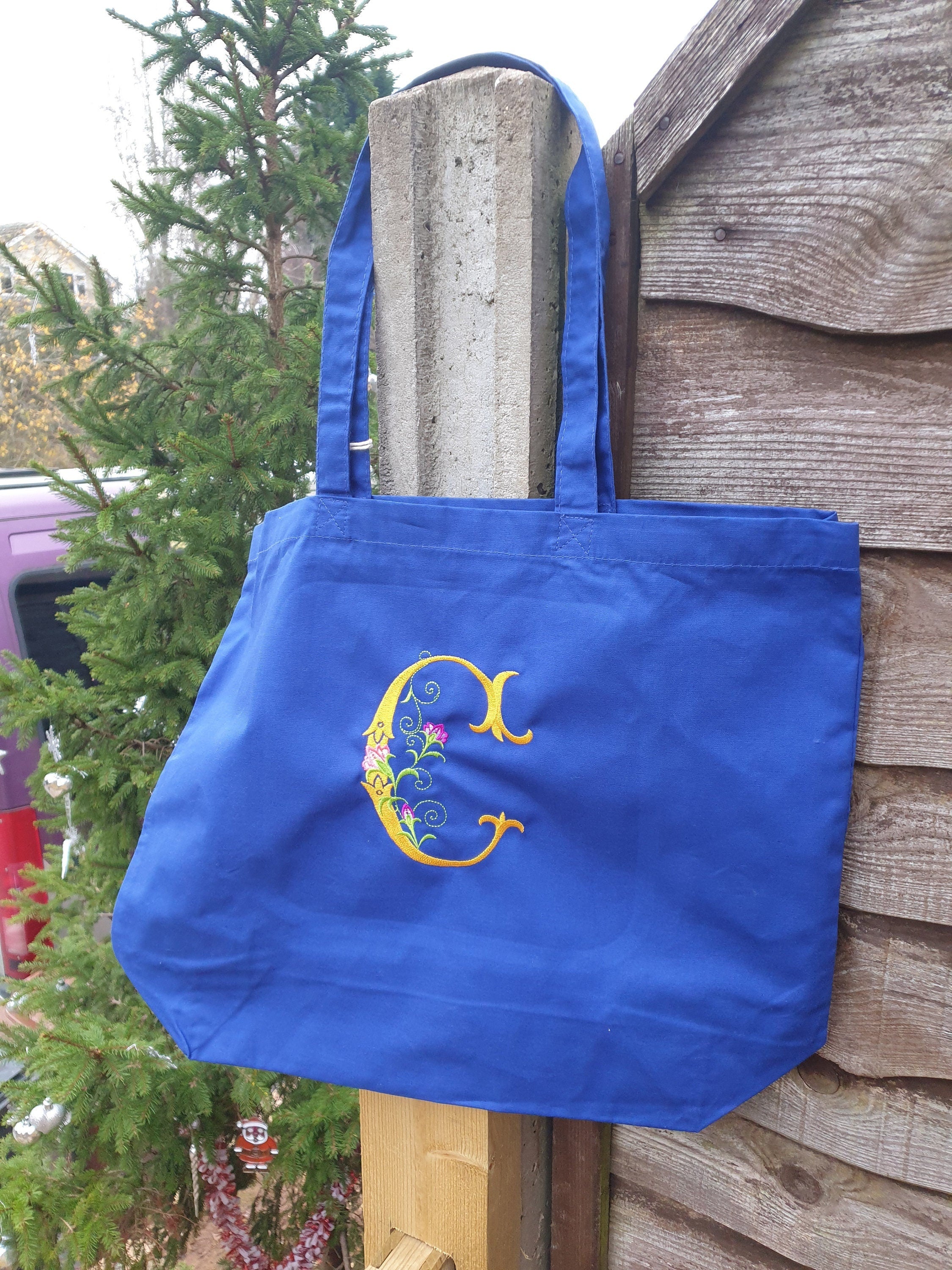 Embroidered Initial Organic Cotton Tote Bag: Personalized Floral Design