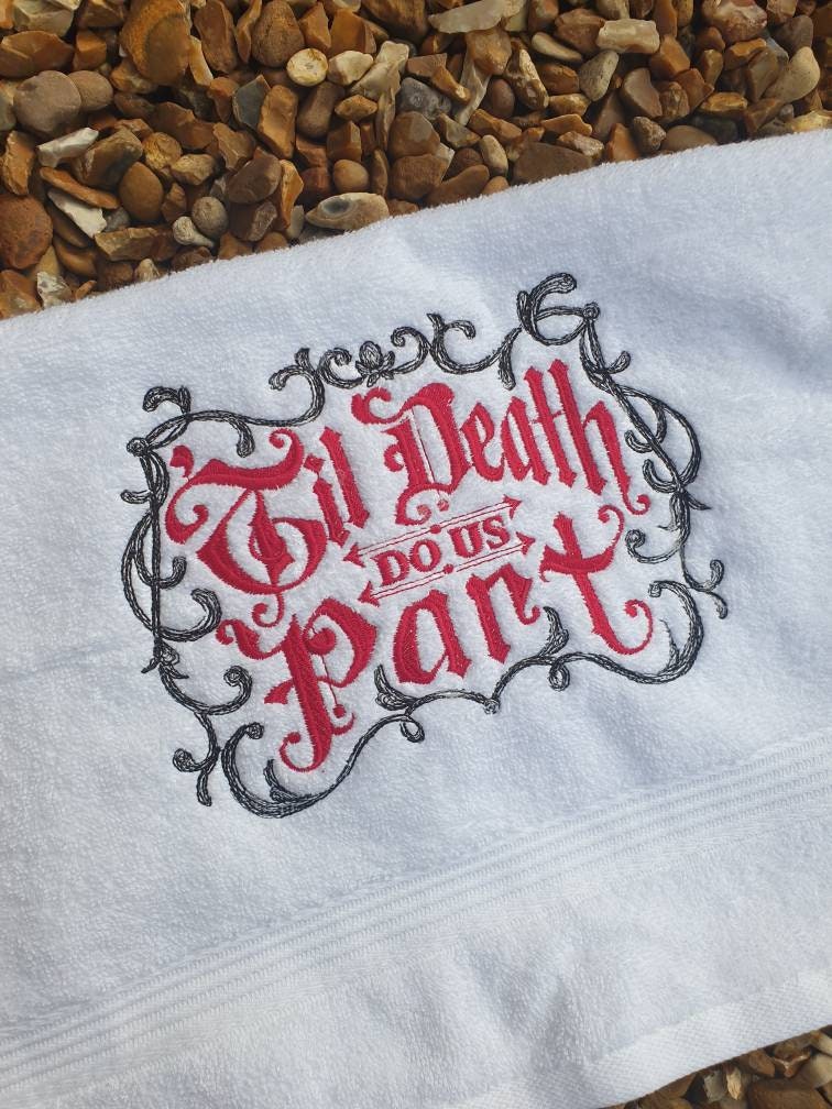 Embroidered Wedding Towel - Till Death Do Us Part | Gothic Wedding Gift UK