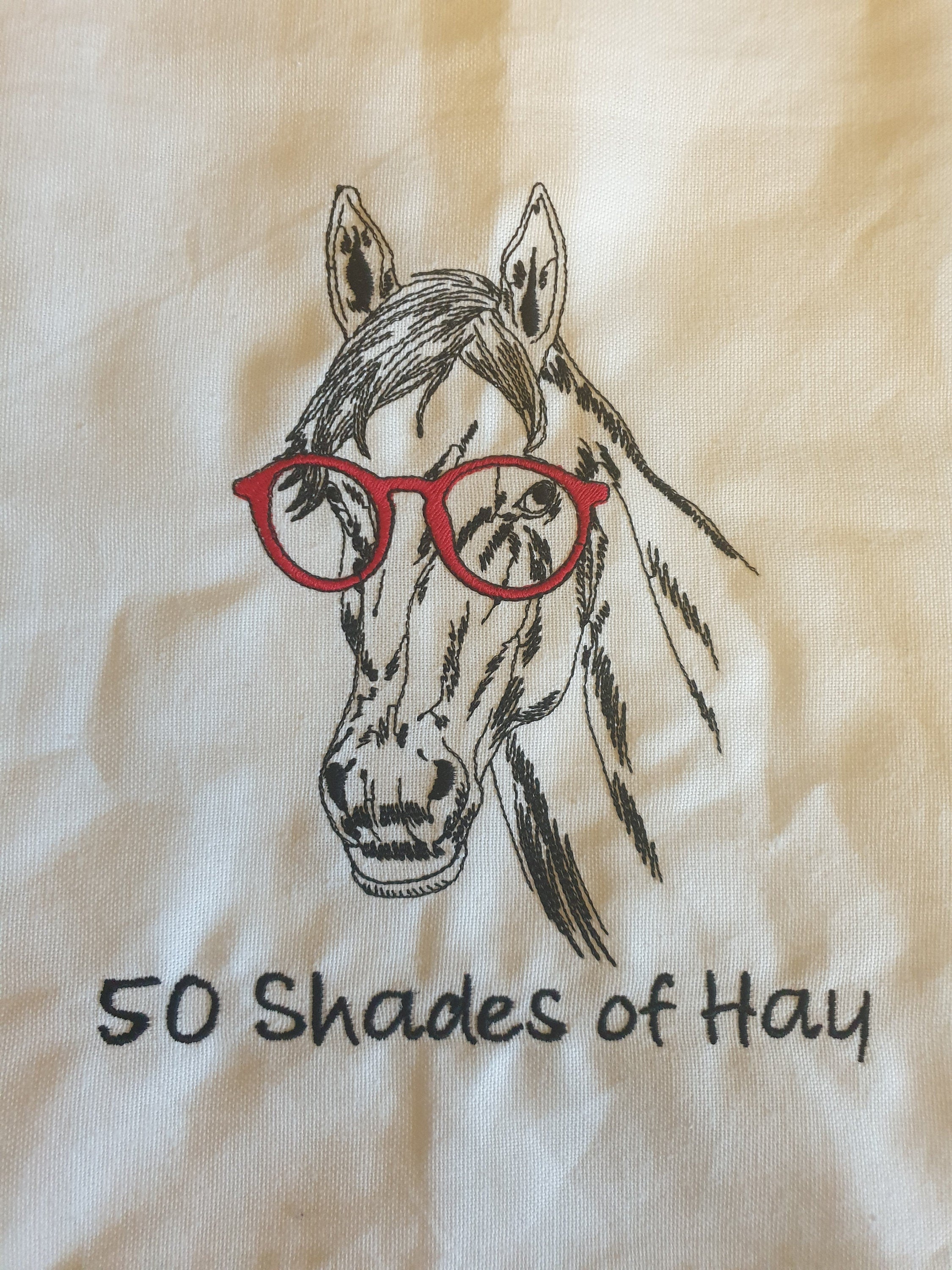 Embroidered Horse Tea Towel - Funny '50 Shades of Hay' Kitchen Gift | Handmade UK
