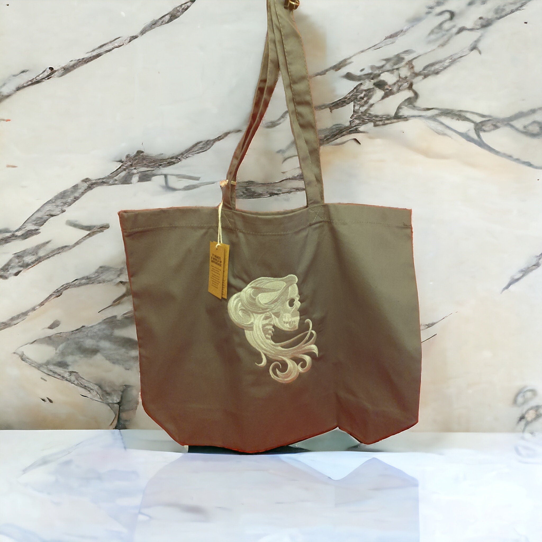 Organic Cotton Tote Bag: Embroidered Gothic Skull Design