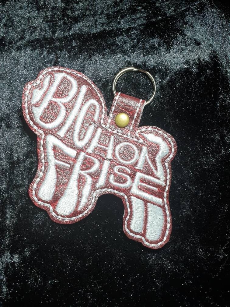 Embroidered Bichon Frise Keyring: Vinyl Dog Key Fob