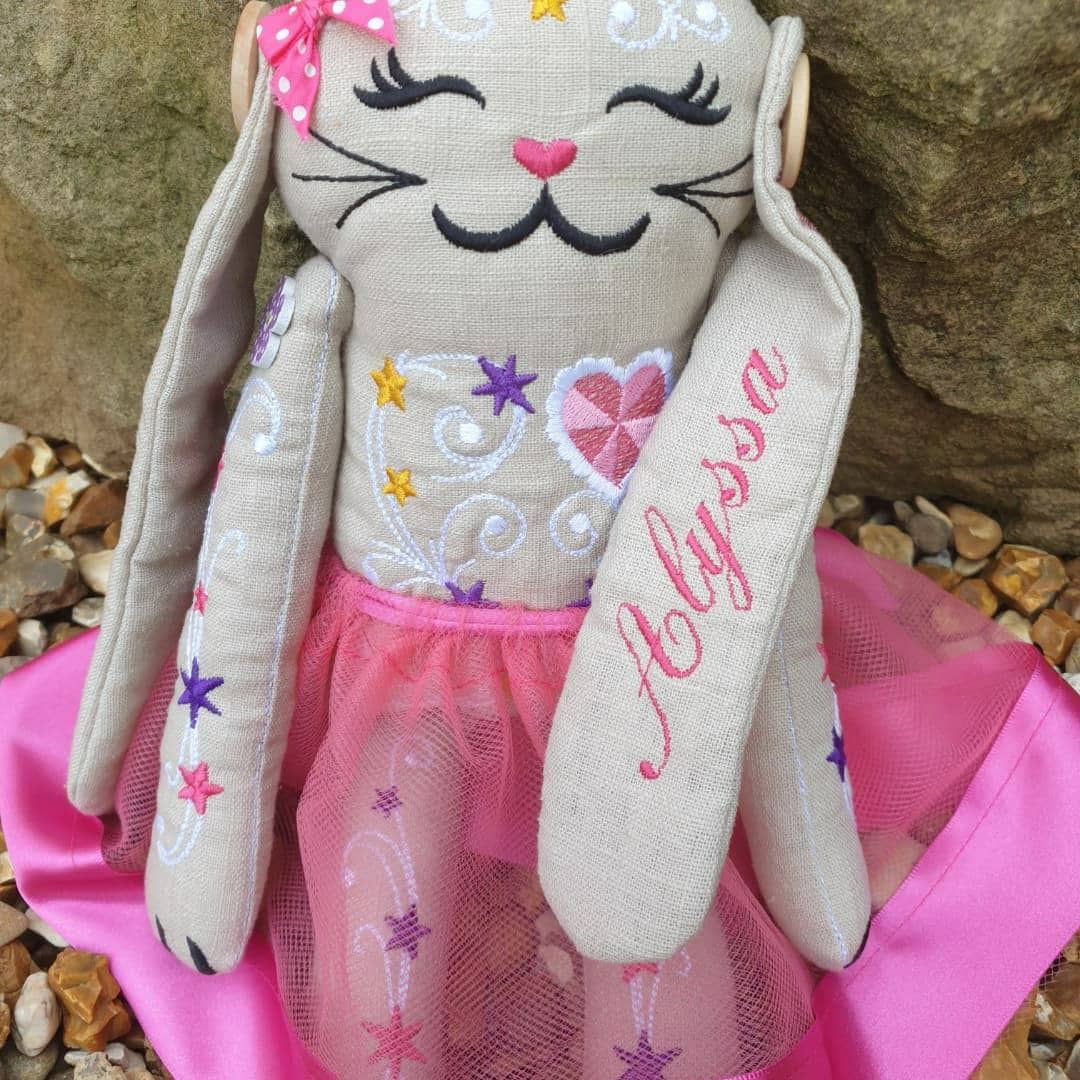 Personalized Embroidered Linen Bunny Doll: Handmade Keepsake (15 inch)