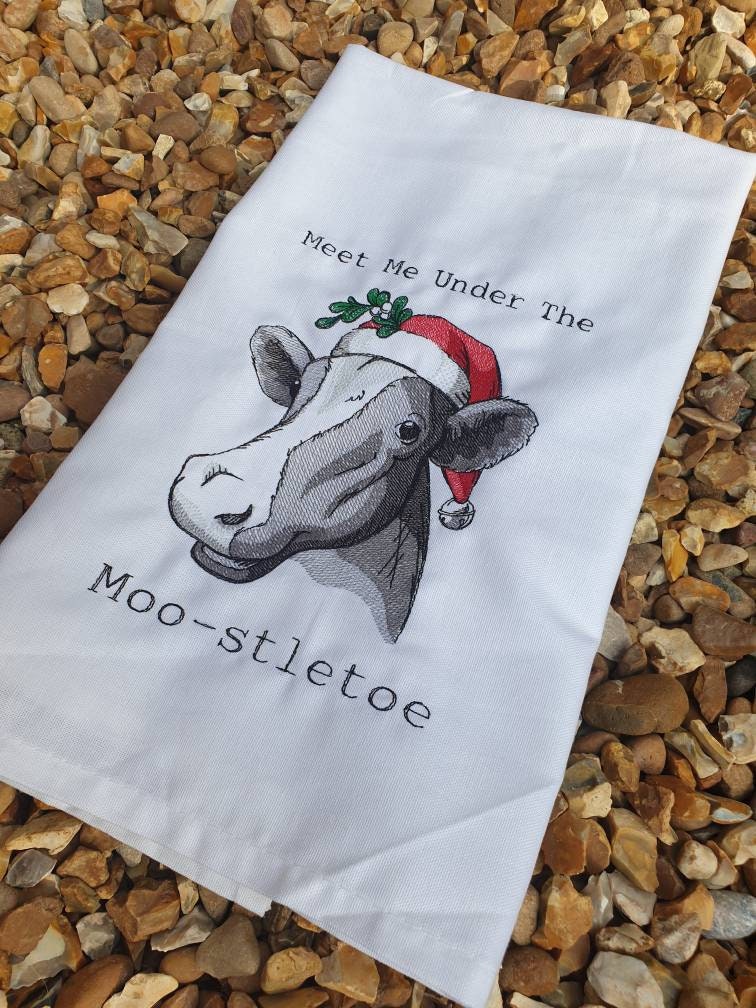 Embroidered Christmas Cow Tea Towel: Funny Holiday Dish Cloth