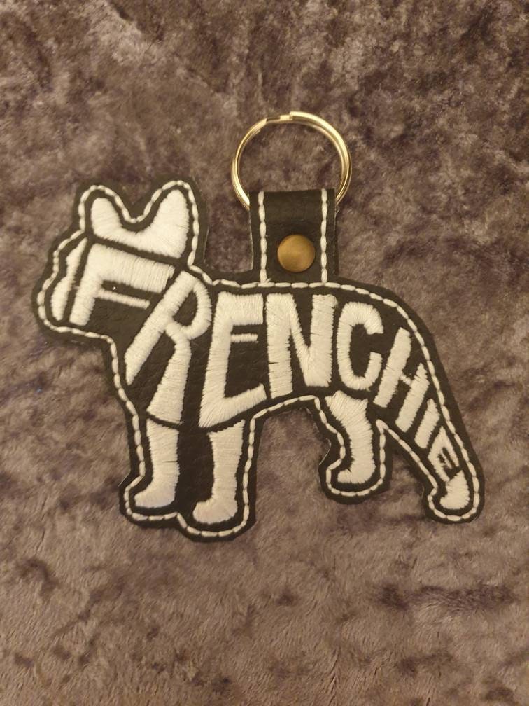 Embroidered Frenchie Keyring: Vinyl Fabric Dog Charm