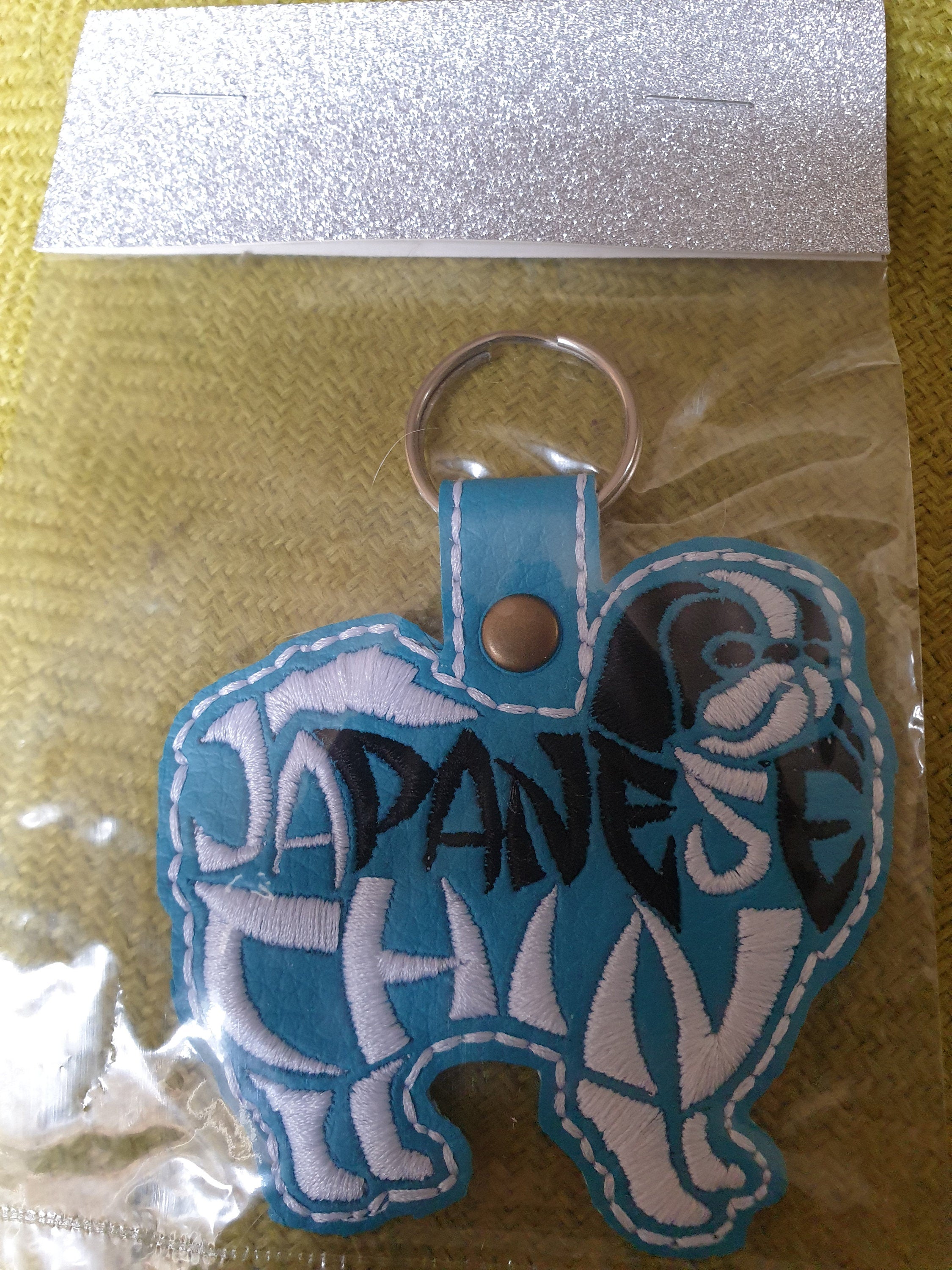 Japanese Chin Embroidered Keyring: Vinyl Dog Key Fob