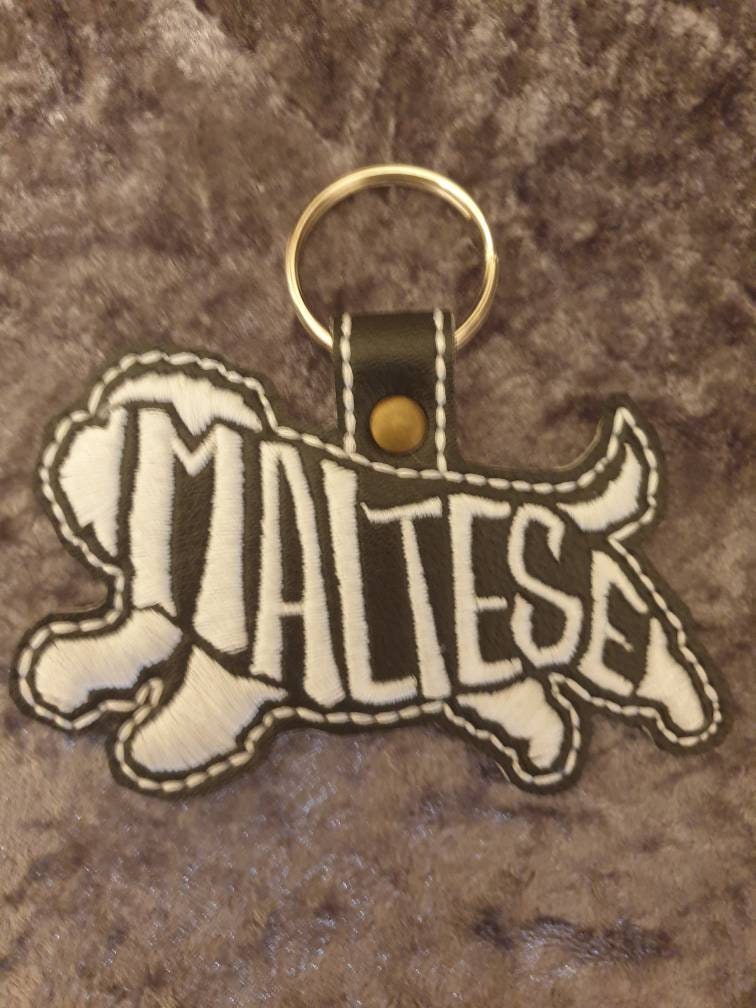 Embroidered Maltese Keyring – Vinyl Key Fob | Dog Lover Gift