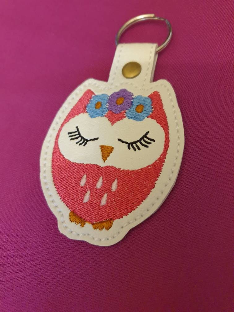 Embroidered Owl Keyring: Vinyl Key Fob, Bag Charm