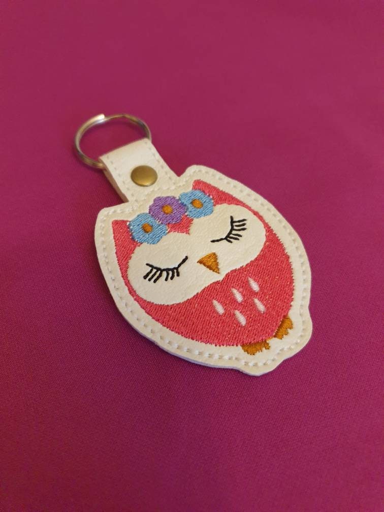 Embroidered Owl Keyring: Vinyl Key Fob, Bag Charm