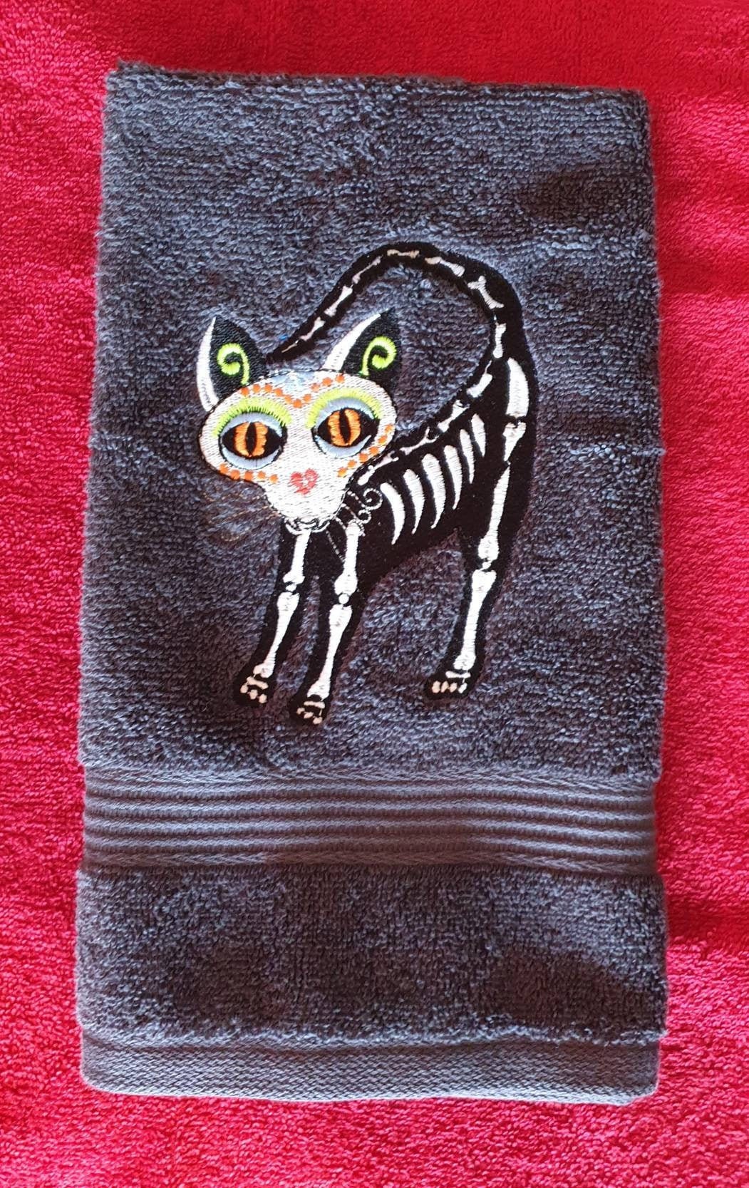 Embroidered novelty Day of the dead Cat towel . Halloween Gift Cat Towel ,Embroidered towel ,personalised,gothic, alternative gift