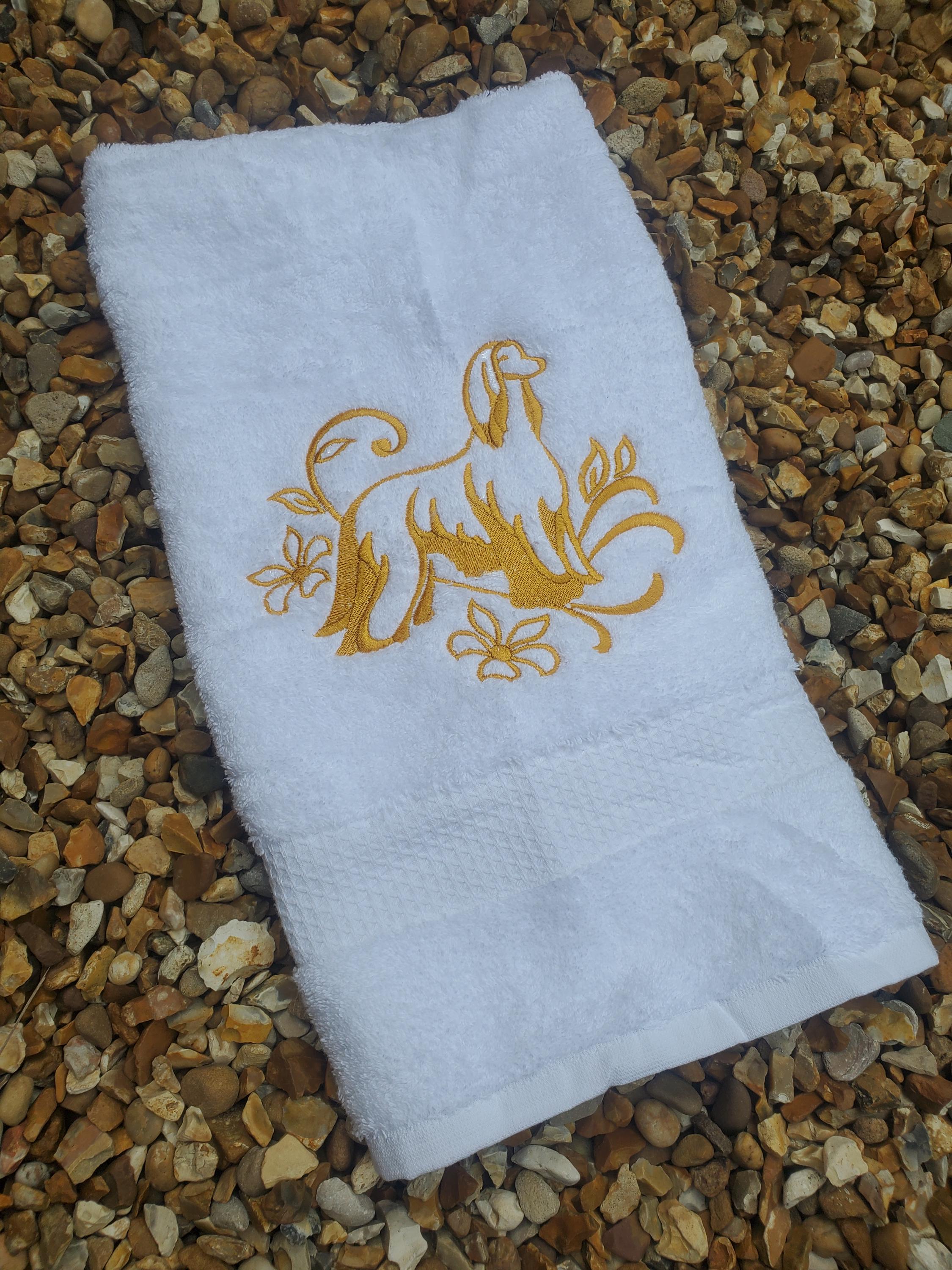 Embroidered Afghan Dog Hand Towel: Gold Accent Gift
