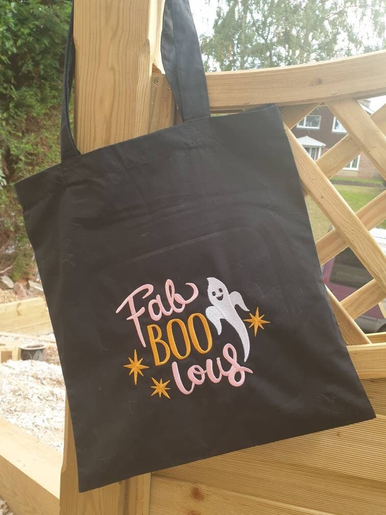 Embroidered Halloween Tote Bag: 'Fab BOO lous' Ghost Design